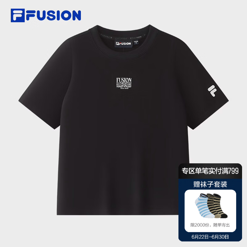 FILA FUSION斐乐潮牌女子针织短袖衫2026秋季新款休闲上衣修身T恤 正黑色-BK XL 175/92A/XL