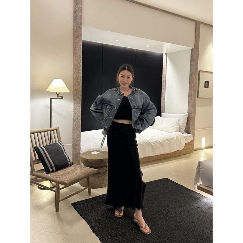 LE ALFASHIONLINE【断码清仓】廓形牛仔外套女秋装春季新款宽松显瘦圆领水洗牛仔衣 蓝色 现货 S