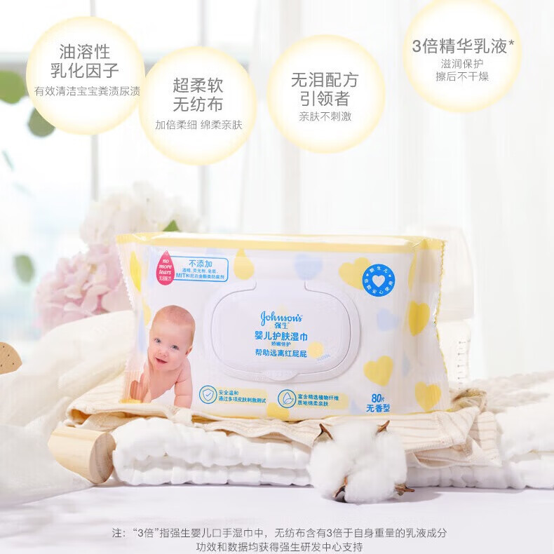 强生婴儿娇嫩倍护湿巾80片 新生儿婴儿口手湿巾宝宝护肤湿巾 娇嫩倍护湿巾 80抽 1包