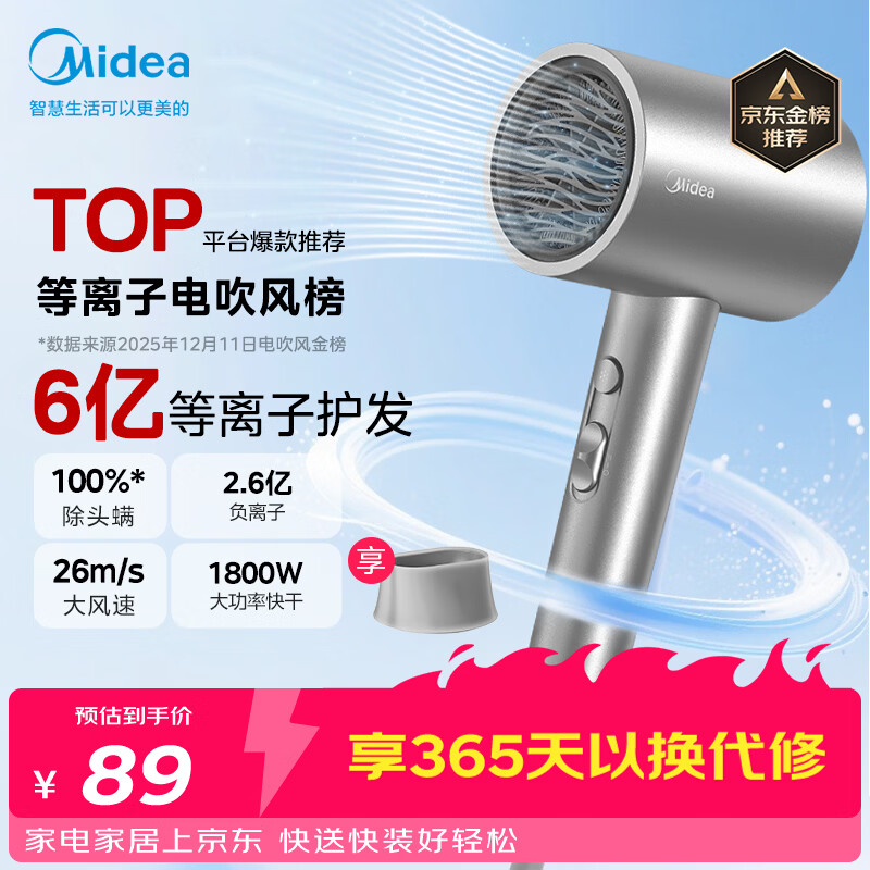 美的（Midea）6亿等离子护发电吹风 家用负离子护发吹风筒 1800W大功率快干吹风机FJ308银 节日礼物 价保618