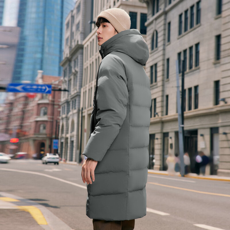 雪中飞【鹅绒】【男女同款】H版型长款运动连帽羽绒服户外 烟墨灰|8656 L /175/96A