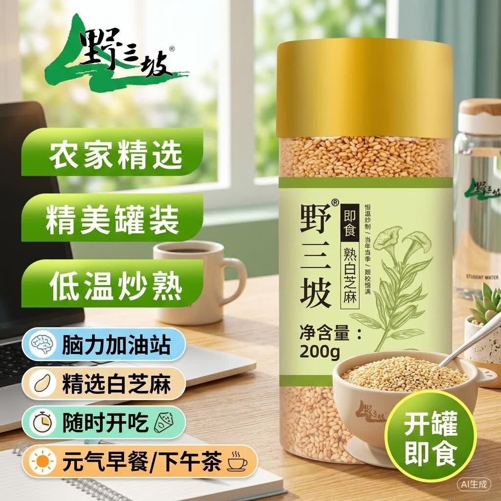 野三坡 熟白芝麻200g*1瓶  低温炒熟 免洗 干吃 五谷杂粮香醇饱满