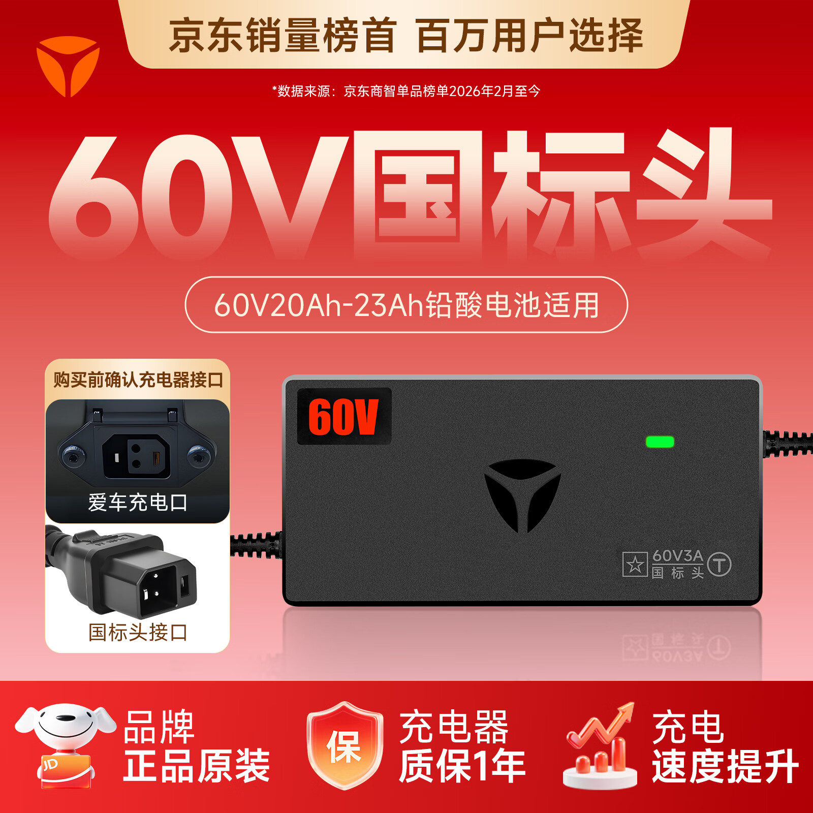 雅迪60V20Ah【国标接口】铅酸充电器原装适用60V3A电摩电瓶车电池通用京东自营最新款