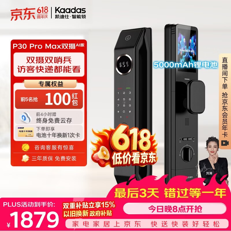 凯迪仕（KAADAS）智能门锁 双摄人脸识别可视猫眼大屏指纹锁 P30 Pro Max双摄AI版