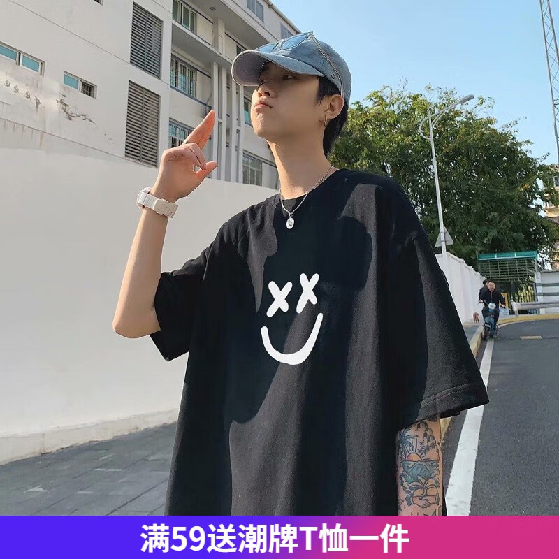嘉晔短袖T恤新款圆领印花男女宽松ins休闲学生上衣港风五分袖宽松短袖 黑色 XL