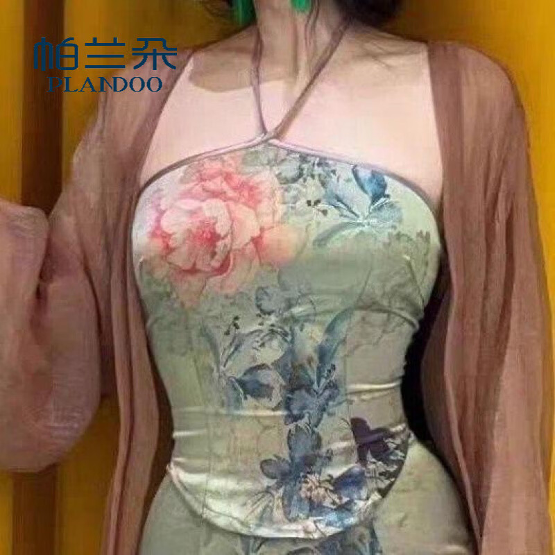 帕兰朵（PLANDOO）胖mm大码斤新中式国风肚兜抹胸挂脖吊带背心女夏纯欲上衣潮 浅绿拼棕(高品质) XL 建议120-150斤
