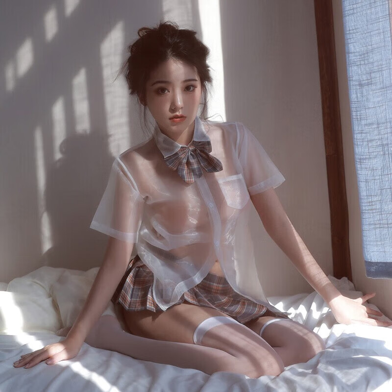 情趣内衣角色扮演jk制服全透明衬衫超短水手服战袍百褶裙 灰格四件套