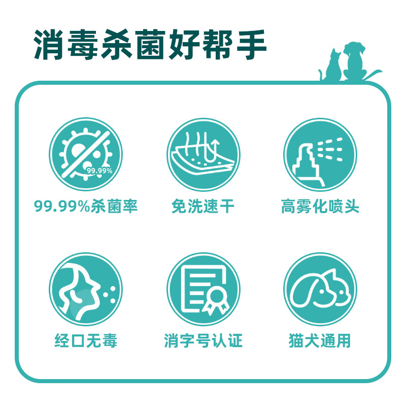 艾莴宠物消毒液次氯酸医用级室内免洗消毒水喷雾狗狗猫咪宠物消毒除臭 500毫升2瓶+1喷头(宠物舔食无毒)