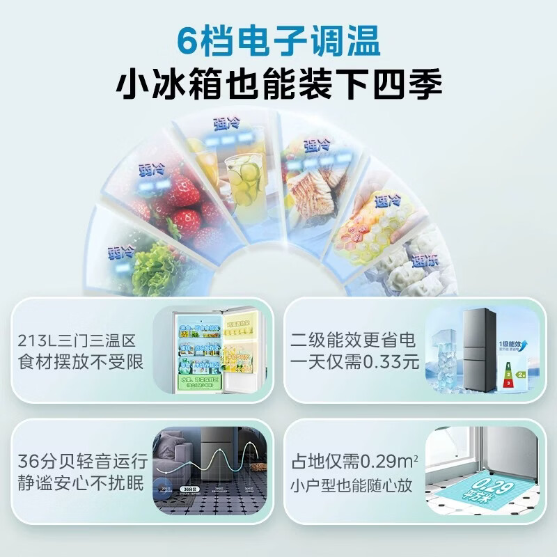 华凌美的出品小户型三开门冰箱2026新款213升家用宿舍租房可冷藏冷冻两用1-2人节能省电低音HR-213T