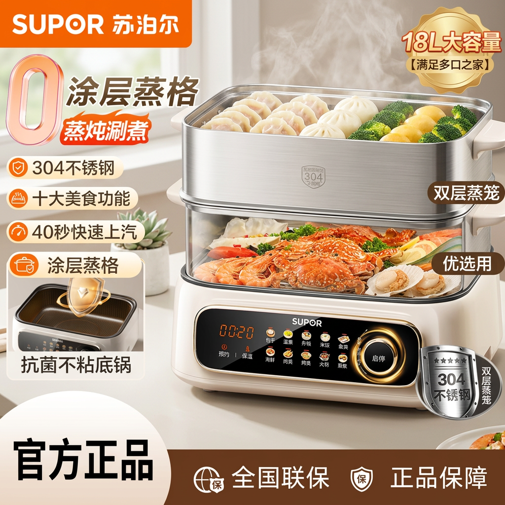 苏泊尔（SUPOR）电蒸锅多功能家用三层不锈钢蒸汽锅蒸煮一体烹饪机新款全钢电蒸锅多功能家用蒸煮炖一体锅多层大容 18L不锈钢蒸笼【底锅可做火锅】