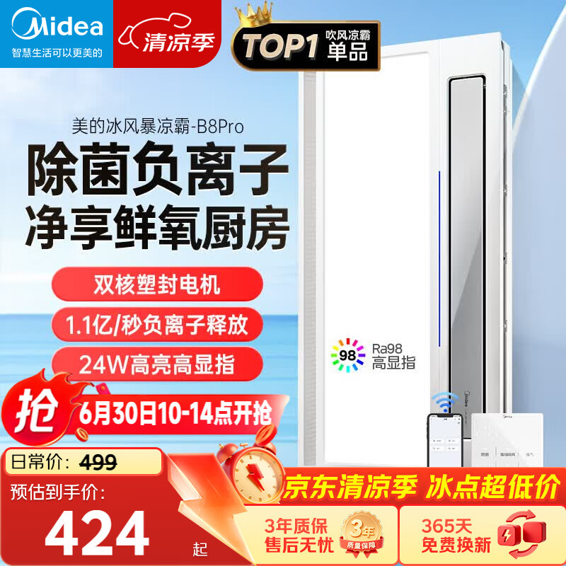美的（Midea）凉霸厨房卫生间集成吊顶照明一体遥控排气换气吹风负离子除菌B8P