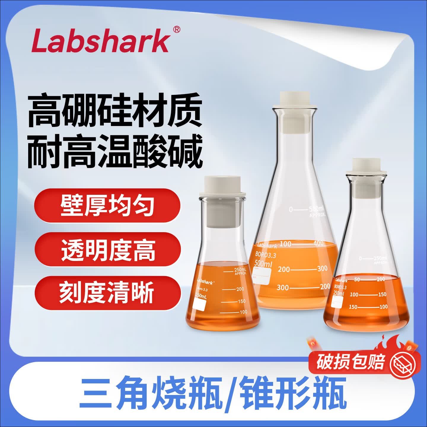 比克曼生物 Labshark锥形瓶带刻度耐高温玻璃三角烧瓶250ml大口小口实验室三角瓶500ml 【喇叭口/大口】250ml 1个