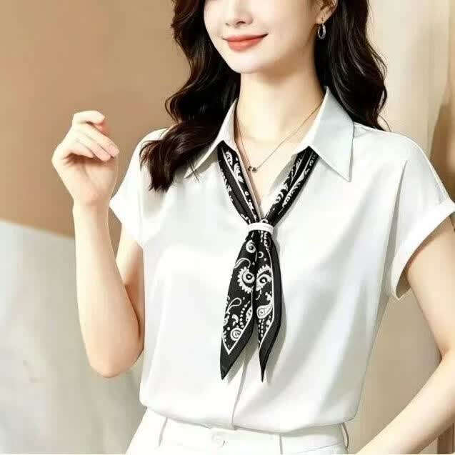 【轻奢爆款】2026夏季新款翻领系带丝巾时尚气质短袖衬衫女职业装 白色 2XL 建议体重【120-130斤】
