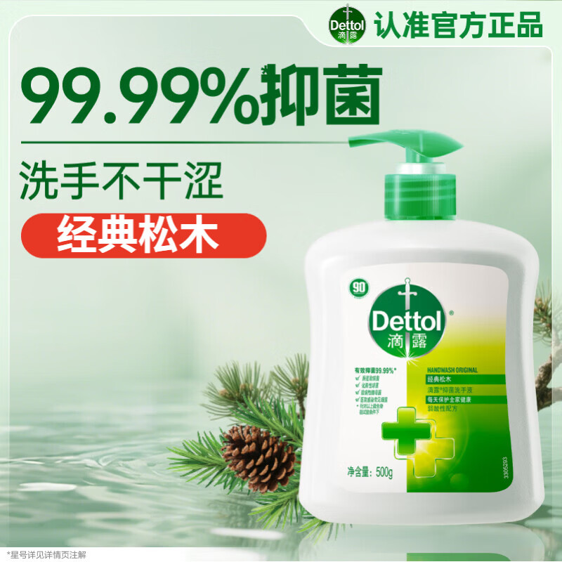 滴露（Dettol）洗手液松木500g瓶 健康抑菌消毒非补充装 儿童家庭用清爽去油