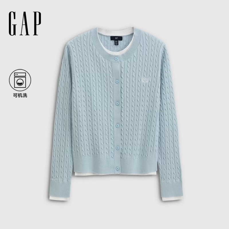 盖璞Gap女装2026秋新品logo麦穗刺绣绞花针织开衫上衣860680 浅蓝色 M (165/88A)亚洲尺码