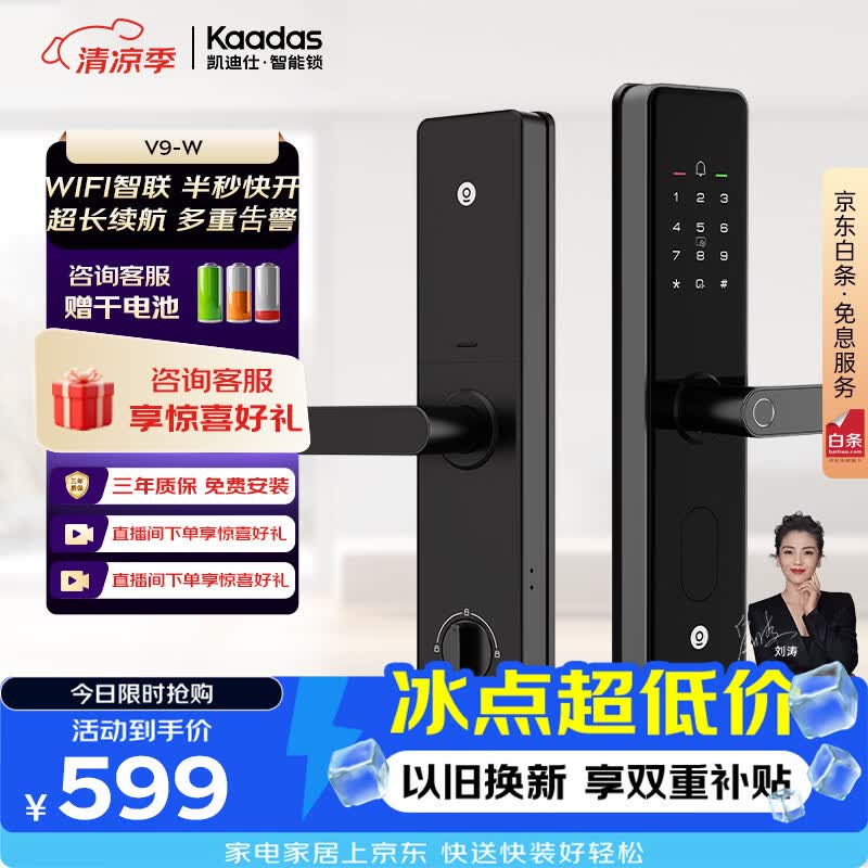 凯迪仕（KAADAS）V9智能门锁指纹密码锁入户门防盗门电子锁一握即开智能锁 V9-W