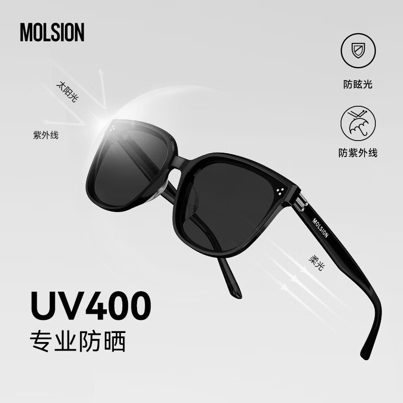 MOLSION陌森太阳镜【魔方镜】张凌赫同款2026新品D形大框墨镜潮流MS3131 C10 镜框:亮黑 镜片:灰色【偏光】