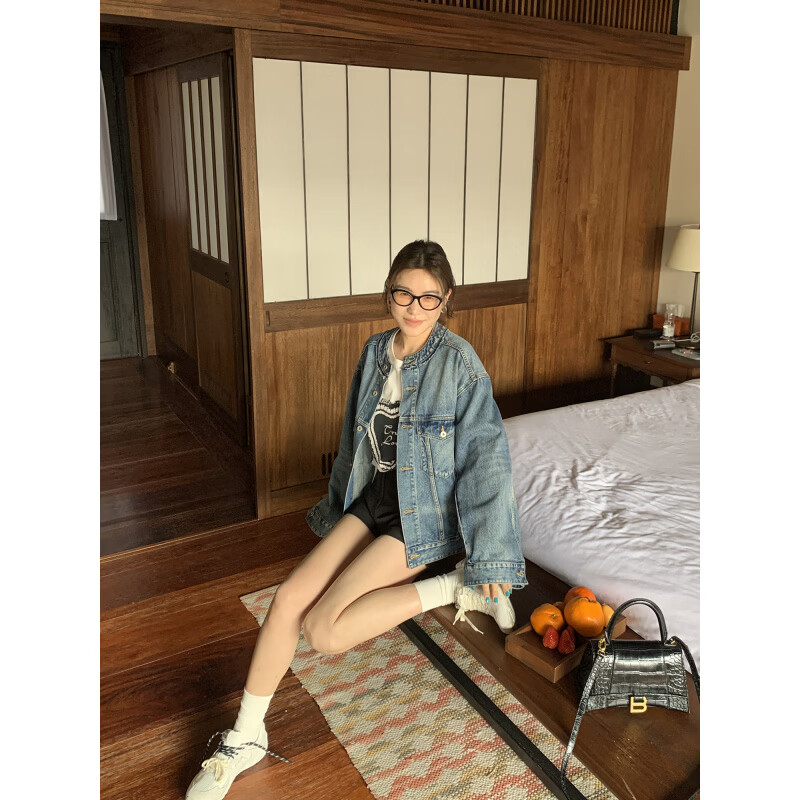 LE ALFASHIONLINE【断码清仓】廓形牛仔外套女秋装春季新款宽松显瘦圆领水洗牛仔衣 蓝色 现货 S