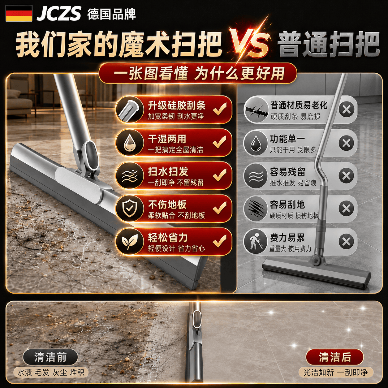 JCZS德国魔术扫把刮水扫把硅胶扫把浴室刮水板魔术拖把刮水神器大 【升级胶条】52cm+送替换胶条1条+拖把夹