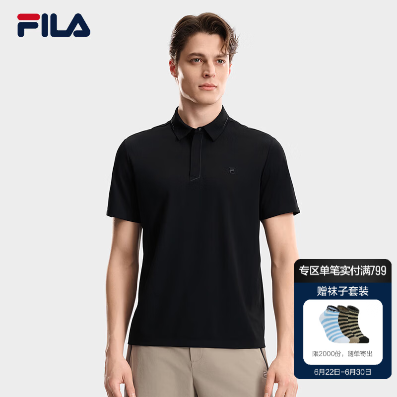 FILA 斐乐官方男子针织短袖POLO衫2026秋季新款商务休闲舒适上衣 深黑-BK XL 180/100A/XL