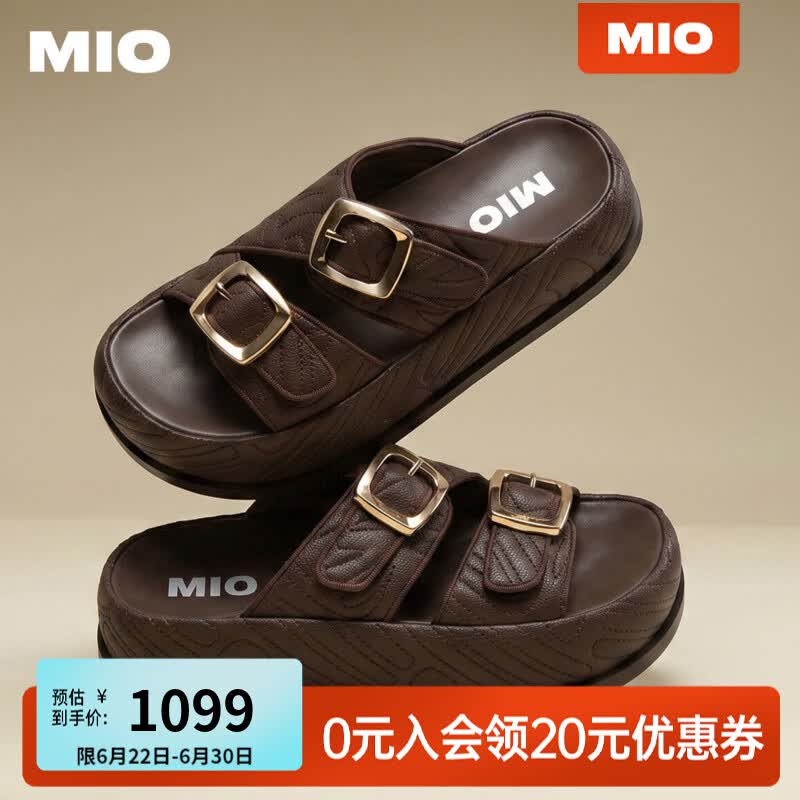 MIO米奥拖鞋女2026夏季新款厚底勃肯拖增高一字拖纯色双扣一脚蹬 咖啡色 39 (245mm)