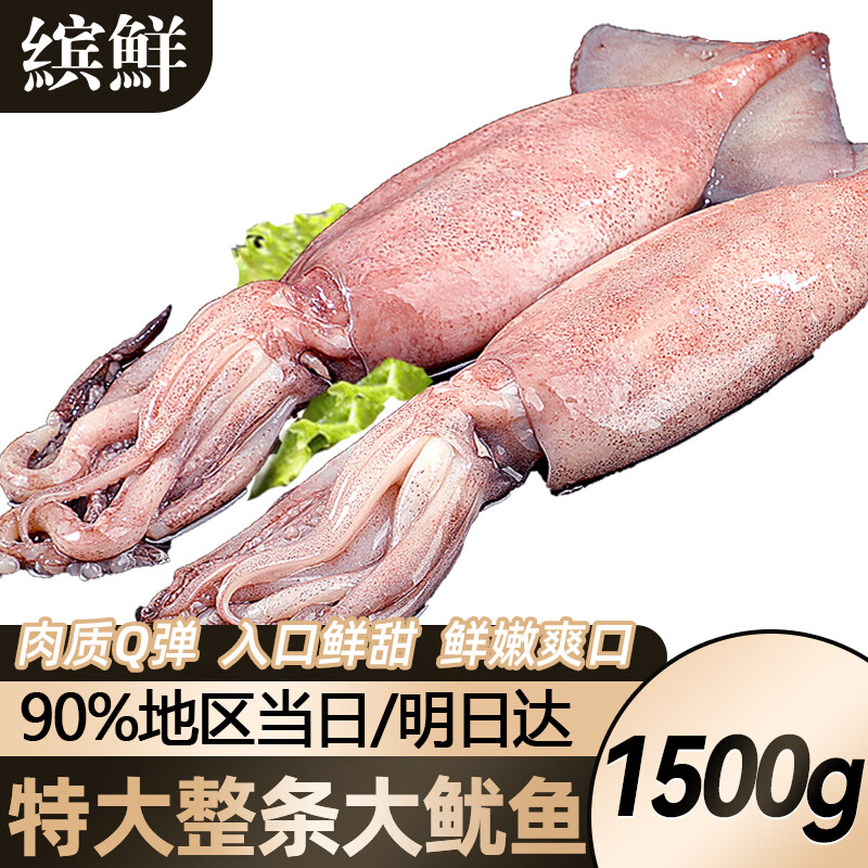 缤鲜 新鲜大号冷冻鱿鱼 三去大鱿鱼鱿鱼须二本足 生鲜火锅烧烤食材 整条鱿鱼 1500g(净重)  【2-3条】