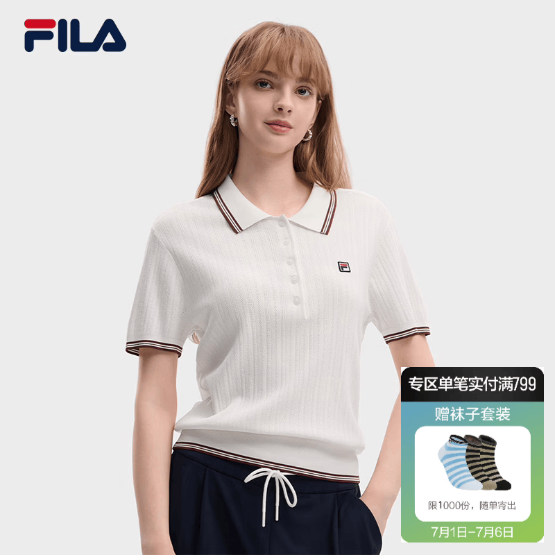 FILA 斐乐官方女子编织衫2026新款简约休闲百搭翻领短袖POLO上衣 标准白-WT L 170/88A/L