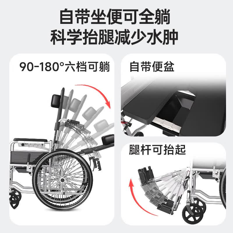 迪护手动轮椅轻便折叠老人专用出行可自推手推可折叠便携式老年人小型 【医院同款】机械六档全躺款(升级辐条轮)+坐便