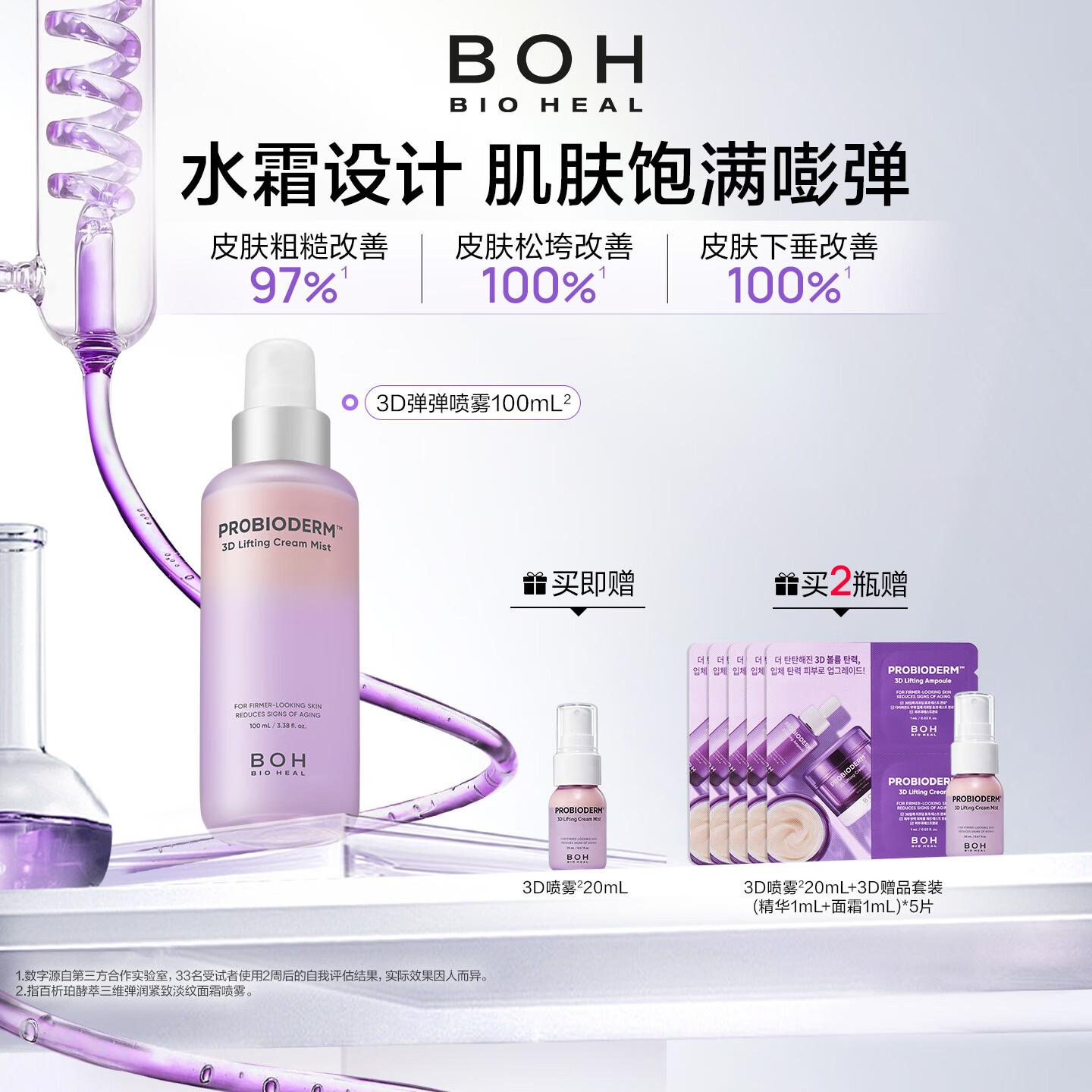 BIOHEAL BOH百析珀韩国酵萃三维弹润紧致淡纹面霜喷雾100ml保湿修护精华水 2瓶（100ml*2）