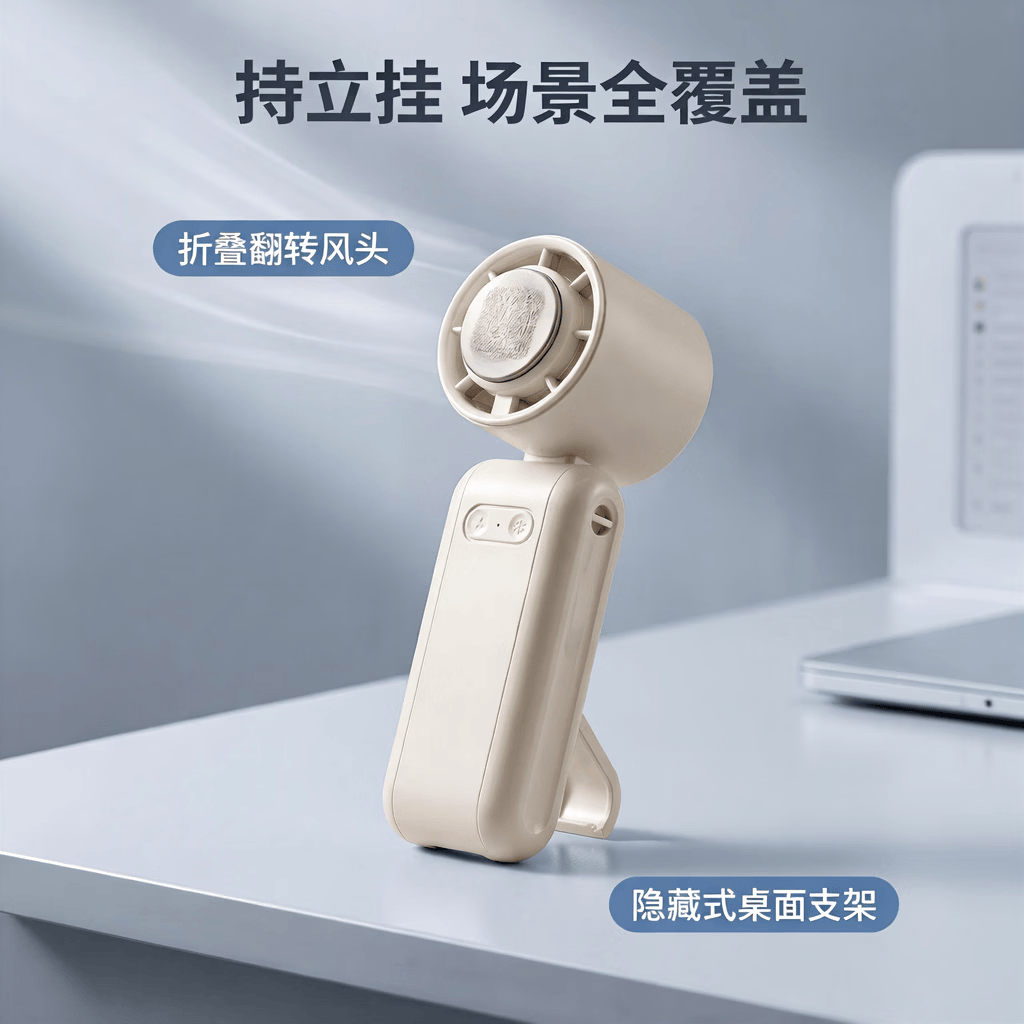戴松半导体制冷手持小风扇长续航可折叠便携桌面立式挂脖三用随身降温USB小电扇 奶油白【数显款无冰敷】 3500mAh