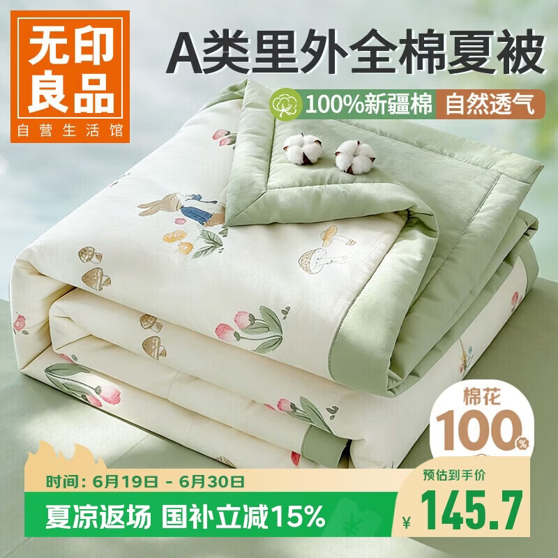 无印良品A类里外全棉夏凉被100%新疆纯棉花薄被子 夏季空调被芯 200x230cm