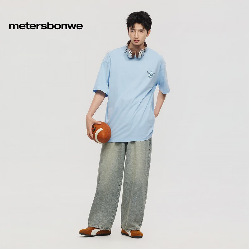 美特斯邦威(Meters Bonwe)男女后背趣味图案短袖恤t恤夏季新款纯棉休闲上衣 浅蓝 L 175/96A