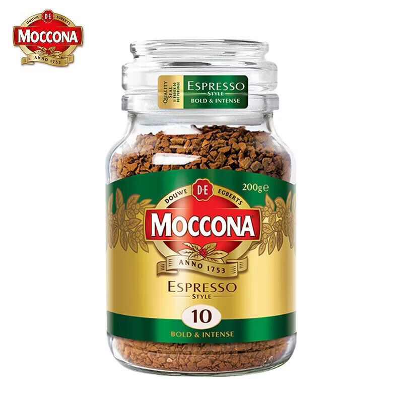 Moccona荷兰进口摩可纳咖啡5/8/10号中度深度意式浓缩冻干速溶黑咖啡200g 意式浓缩(10号)200g*1瓶 +蓝山风味1条