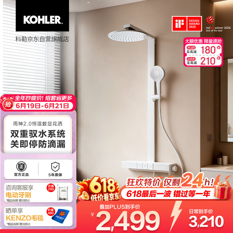 科勒（KOHLER）智能花洒淋浴套装雨神2.0恒温喷头云缎沙