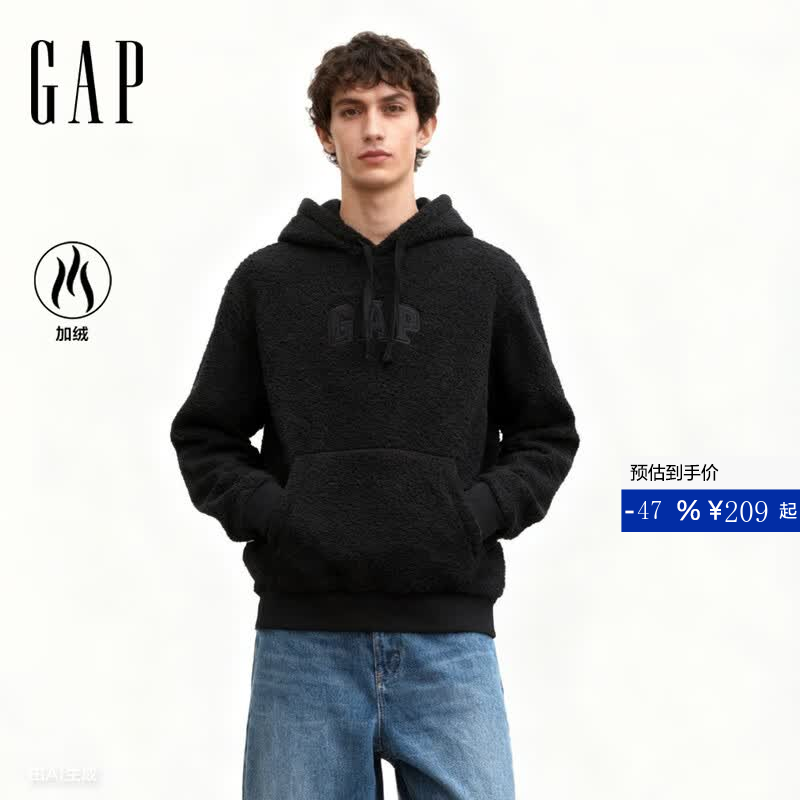 盖璞（GAP）男女装春款logo仿泰迪绒宽松连帽卫衣上衣美版789782 灰黑色 L 美码  XL亚洲码185/104A