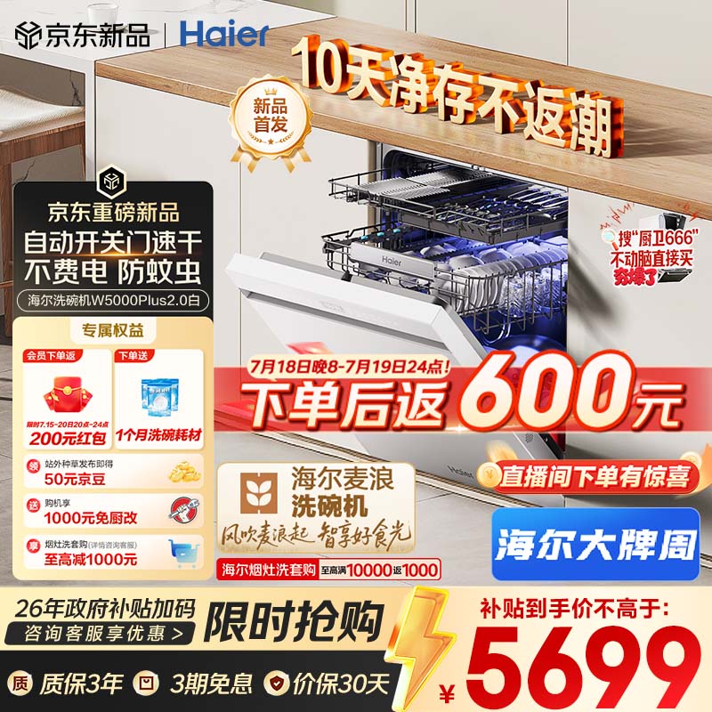 海尔（Haier）麦浪套系洗碗机嵌入式W5000Plus2.0白163升22套双面洗消毒大容量10天净存EYZW2286U1