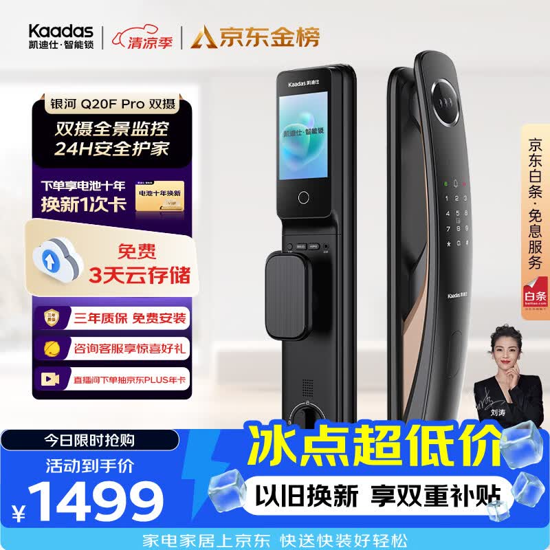 凯迪仕（KAADAS）智能门锁人脸识别可视猫眼大屏全自动指纹锁密码锁 Q20F Pro双摄