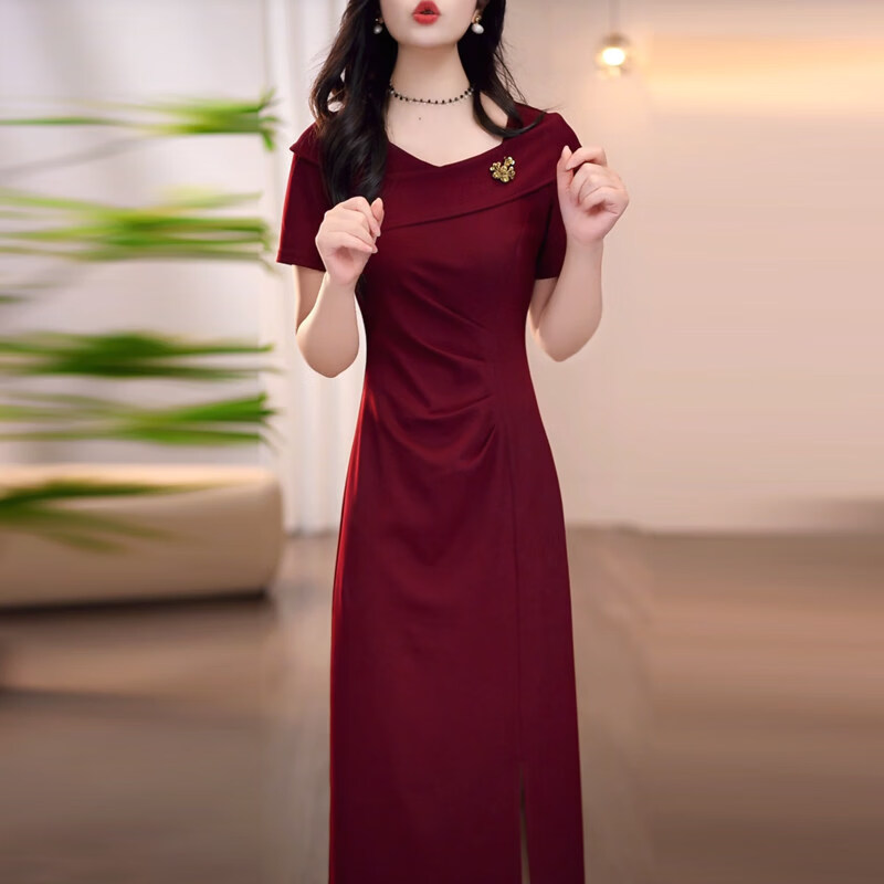 香影芬喜庆红色连衣裙女2026新款夏季喜妈妈宴会礼服高级感短袖开叉裙子 图片色 XL (建议111-120斤)