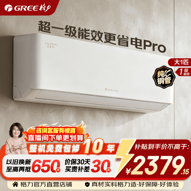 格力空调 1.5匹 新一级能效 变频冷暖 纯铜管 节能省电 大1匹 壁挂式空调挂机 国家补贴 格力出品 晶弘 大1匹 格力云佳pro 升级大风量 内机双排铜管