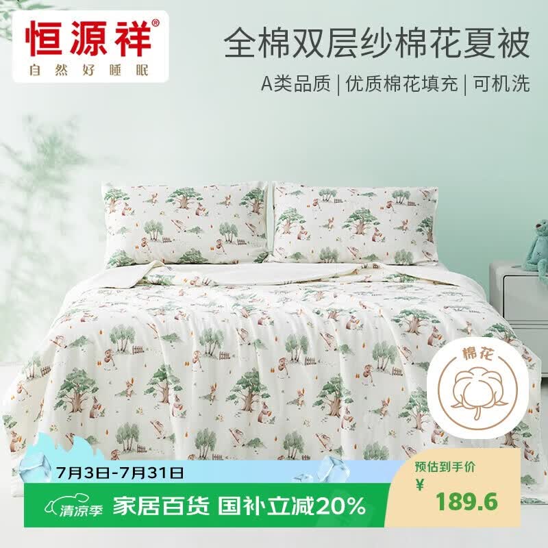 恒源祥棉花被A类抗菌100%全棉双层纱夏凉被水洗空调被 萝卜小兔1.5*2m