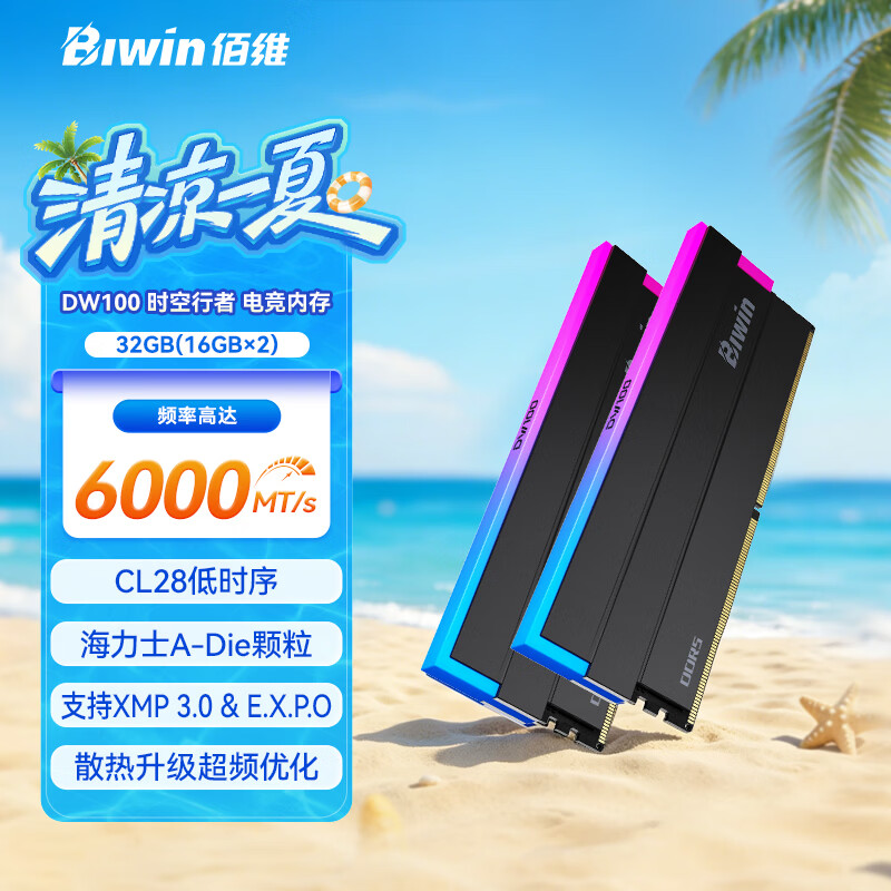 佰维（BIWIN）32G(16G×2)套装 DDR5 6000频率台式机内存条 时空行者DW100 RGB灯条(C28)黑色AI PC电脑存储配件