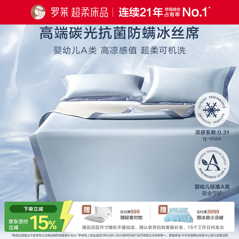 罗莱家纺 A类冰丝席【可机洗】抗菌防螨凉席床笠款三件套蓝180*200*30