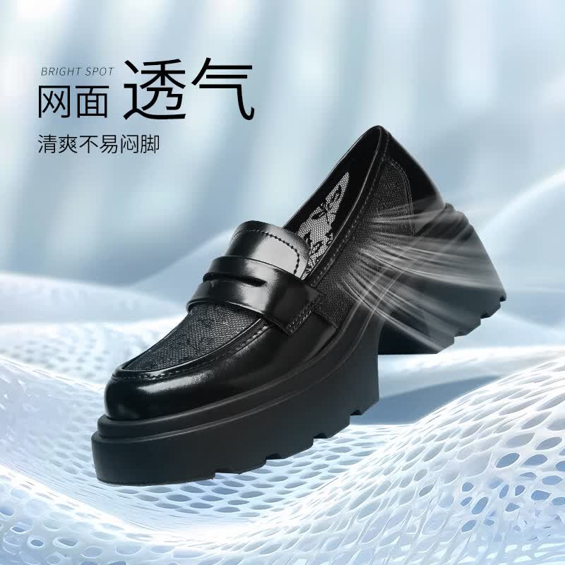 ZHR单鞋女英伦复古网纱乐福鞋一脚蹬粗跟增高皮鞋透气AH551E黑色37
