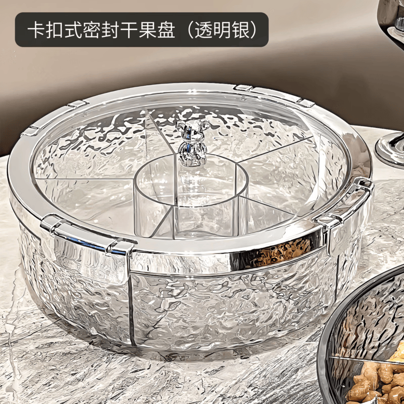 咏幻高颜值轻奢密封坚果零食糖果盘新款过年干果盘家用客厅茶几水果盘 卡扣式密封干果盘(透明银)