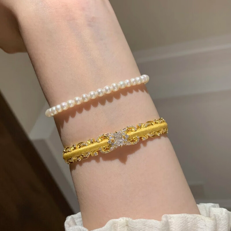 buhesyt中古重工金色拉丝蕾丝手镯女宫廷风小众设计轻奢感爆闪手饰女 SL1728