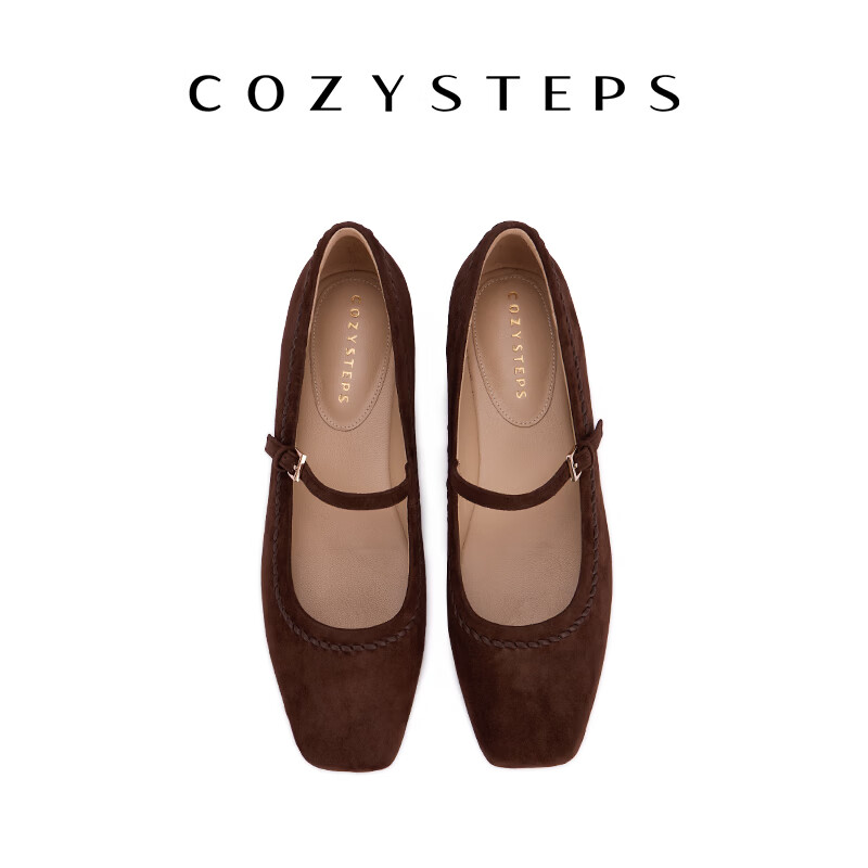 COZY STEPS可至女士26秋季新款羊皮反绒玛丽珍浅口单鞋真皮平底鞋 咖啡色 39