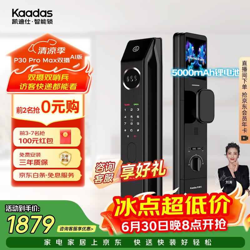 凯迪仕（KAADAS）智能门锁 双摄人脸识别可视猫眼大屏指纹锁 P30 Pro Max双摄AI版