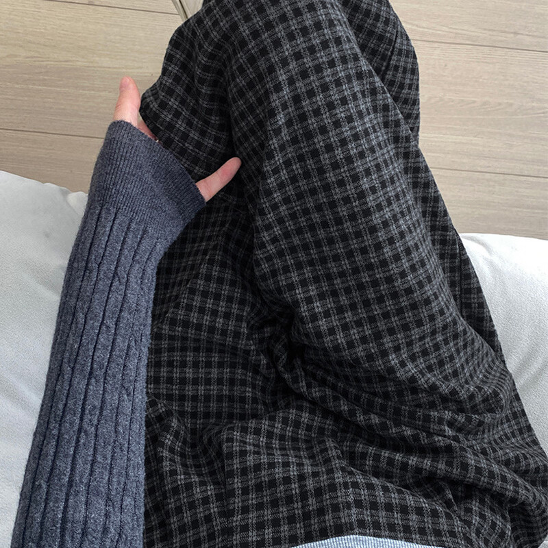 浪莎复古格子裤女秋季宽松慵懒风直筒休闲裤小个子垂感显瘦阔腿裤 杏灰格子 【复古格子单品】 L 【建议111-125斤】