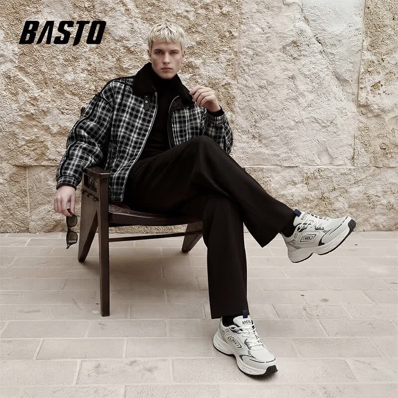 百思图（BASTO）厚底增高老爹鞋男2026新款夏季网面透气男士运动鞋防滑耐磨面包鞋 白色 39 【运动鞋码】