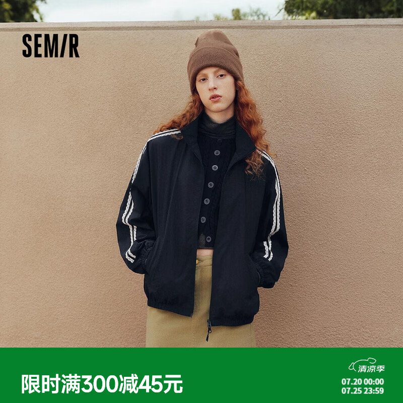 森马（Semir）外套女秋蕾丝花边肌理立领衣服oversize松弛感甜酷运动风夹克 中国蓝80546 S